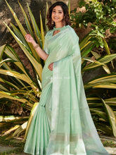 Pure Tissue Linen Sliver Zari Weaves Worked Mint Green Saree